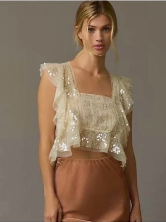 Anthropologie Tops - Anthropologie Iridescent Sequin Sheer Tulle Crop Top in Champagne